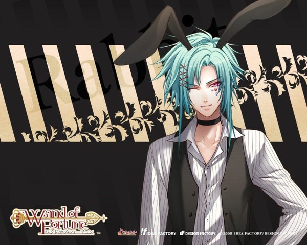 Anime picture 1280x1024 with wand of fortune idea factory alvaro garay tagme (artist) single looking at viewer highres short hair smile animal ears one eye closed pink eyes wink aqua hair inscription bunny ears hand on hip striped open collar striped background