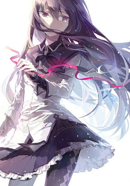 Anime picture 600x858 with mahou shoujo madoka magica shaft (studio) akemi homura rella single long hair tall image black hair simple background purple eyes looking away wind tears crying magical girl girl skirt ribbon (ribbons) pantyhose