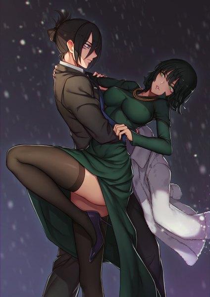 Anime picture 1000x1415 with one-punch man madhouse fubuki (one-punch man) onsoku no sonic evan yang tall image short hair breasts light erotic black hair green eyes couple dark background dancing girl thighhighs dress boy black thighhighs