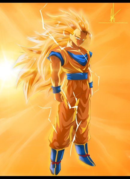 Anime picture 1498x2070 with dragon ball dragon ball z son goku devioussketcher single long hair tall image blonde hair green eyes sunlight sleeveless coloring magic muscle electricity boy wristlet fist
