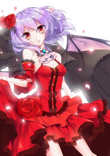 Anime picture 1274x1800 with touhou remilia scarlet kagari (kg tksr) single tall image looking at viewer short hair red eyes white background bare shoulders purple hair parted lips head tilt hair flower dress flower (flowers) detached sleeves petals wings red dress