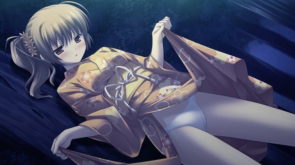 Anime picture 1920x1080 with with ribbon makiya sumika ikegami akane single long hair looking at viewer blush highres open mouth light erotic brown hair wide image standing brown eyes game cg ponytail traditional clothes japanese clothes night bare legs