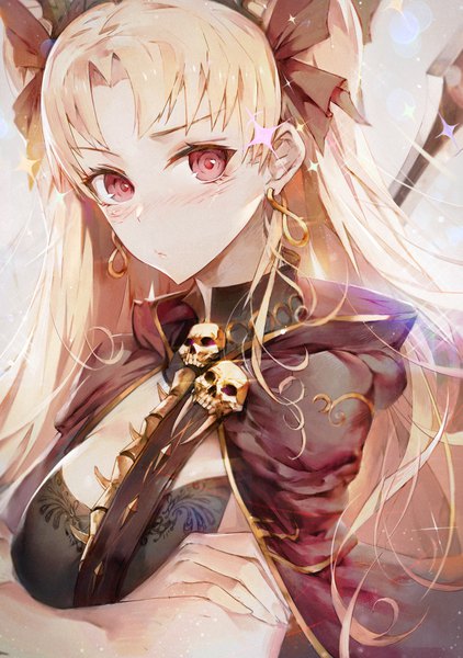 Anime picture 900x1278 with fate (series) fate/grand order toosaka rin ereshkigal (fate) hxxg single long hair tall image looking at viewer blush fringe breasts light erotic simple background blonde hair red eyes large breasts cleavage upper body grey background