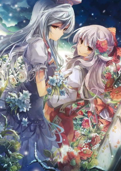 Anime picture 2825x4008 with touhou fujiwara no mokou kamishirasawa keine fruit punch long hair tall image highres red eyes multiple girls silver hair hair flower orange eyes girl hair ornament flower (flowers) bow 2 girls hair bow