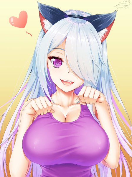 Anime picture 1240x1659 with original zuizhong single long hair tall image looking at viewer fringe breasts open mouth light erotic simple background smile purple eyes signed animal ears cleavage silver hair upper body head tilt :d