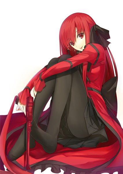 Anime picture 780x1101 with original kushia microphylla kauto single long hair tall image looking at viewer fringe simple background red eyes white background sitting holding red hair no shoes :p girl skirt ribbon (ribbons) weapon