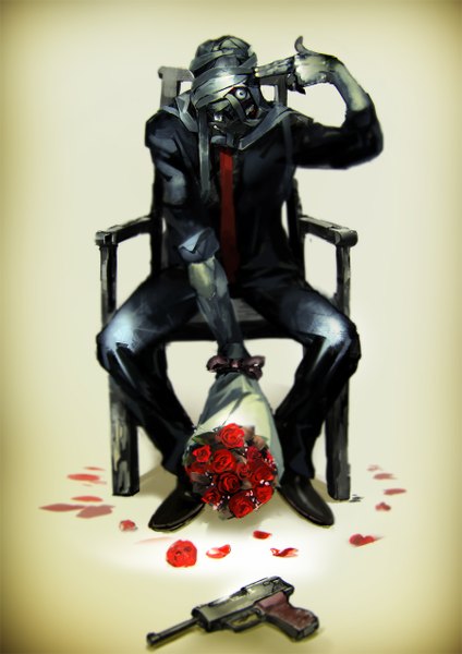 Anime picture 900x1272 with tagme (copyright) so-bin tall image simple background sitting black eyes twisty sleeves bandage over one eye grey skin boy flower (flowers) bow weapon shirt petals necktie rose (roses) gun chair bouquet