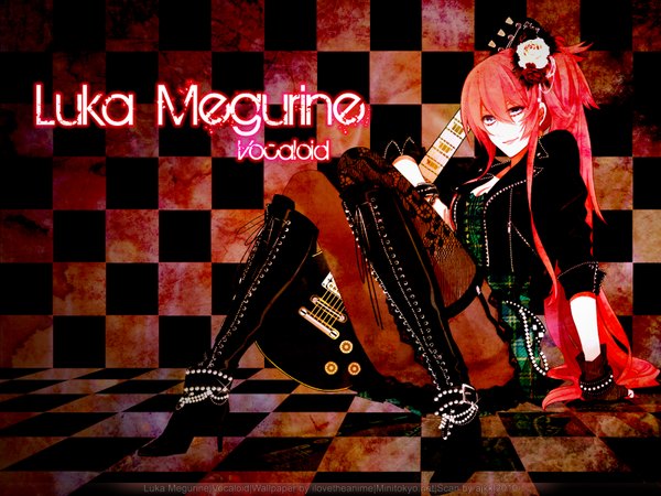 Anime picture 1600x1200 with vocaloid megurine luka blue eyes pink hair hair flower checkered floor checkered checkered background gothic girl gloves hair ornament boots knee boots musical instrument guitar
