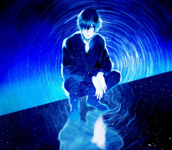 Anime picture 1677x1469 with original parel (artist) single fringe blue eyes blue hair hair over one eye night reflection squat boy star (stars)