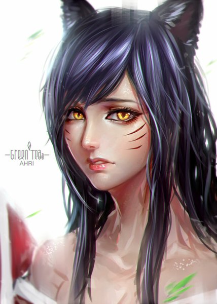Anime picture 606x850 with league of legends ahri (league of legends) midori chacha single long hair tall image bare shoulders signed animal ears yellow eyes purple hair portrait face paint girl