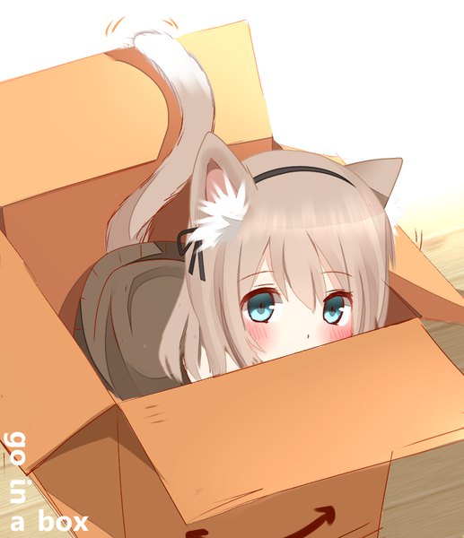 Anime picture 826x958 with original non (wednesday-classic) single tall image looking at viewer blush fringe short hair simple background hair between eyes brown hair animal ears tail animal tail aqua eyes from above cat ears cat girl cat tail text