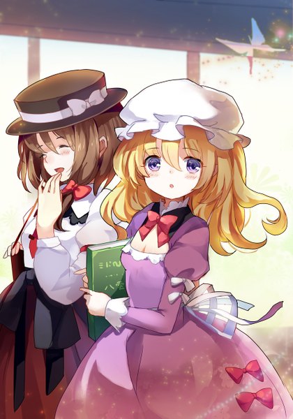 Anime picture 900x1285 with touhou usami renko maribel hearn yukizakura (neon-neon) long hair tall image looking at viewer blush short hair open mouth blonde hair brown hair purple eyes multiple girls eyes closed laughing girl dress 2 girls hat