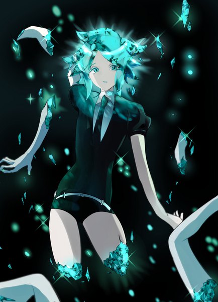 Anime picture 1447x2000 with houseki no kuni phosphophyllite kayanogura single tall image short hair aqua eyes aqua hair sparkle puffy sleeves black background shaded face androgynous amputee necktie debris