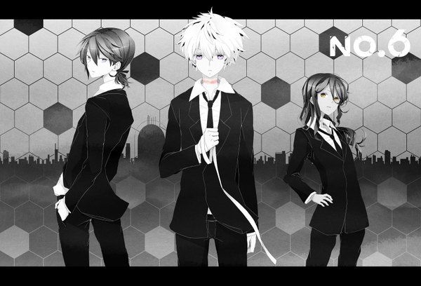 Anime picture 1736x1181 with no.6 studio bones nezumi (no.6) shion (no.6) inukashi (no.6) doro (artist) highres short hair black hair purple eyes yellow eyes white hair hand on hip monochrome group hands in pockets otoko no ko boy necktie bandage (bandages)