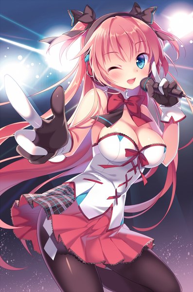 Anime picture 600x905 with original rie (reverie) single long hair tall image blush breasts open mouth blue eyes light erotic smile twintails pink hair bent knee (knees) pleated skirt one eye closed wink short twintails pointing singing