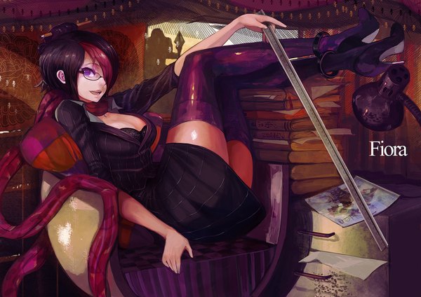 Anime picture 1400x990 with league of legends fiora (league of legends) canking single short hair open mouth light erotic black hair purple eyes multicolored hair two-tone hair streaked hair girl thighhighs black thighhighs glasses shoes scarf book (books) lamp