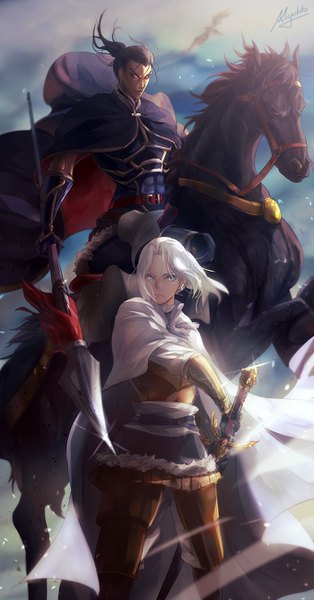 Anime picture 700x1338 with arslan senki arslan daryoon miyukiko long hair tall image looking at viewer black hair standing sitting holding signed yellow eyes white hair ponytail sunlight multiple boys eyebrows slit pupils sunbeam