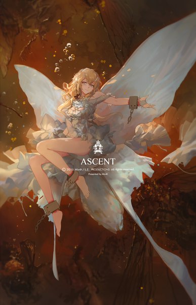 Anime picture 1400x2170 with original mivit single long hair tall image blue eyes light erotic blonde hair looking away bent knee (knees) head tilt light smile blurry cleavage cutout outstretched hand insect wings injury butterfly wings girl dress