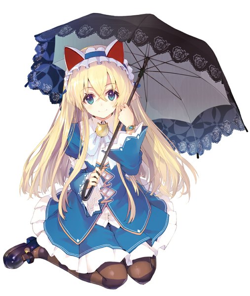 Anime picture 989x1169 with fuyuu gakuen no alice & shirley alice clockheart shirabi single long hair tall image looking at viewer blue eyes blonde hair simple background white background animal ears cat ears girl dress umbrella