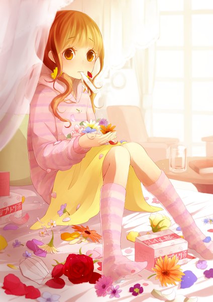 Anime picture 1447x2047 with original ahira yuzu single long hair tall image blush fringe sitting twintails holding sunlight orange hair orange eyes no shoes tears mouth hold girl flower (flowers) petals socks