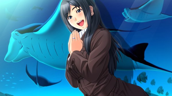 Anime picture 1280x720 with sore de mo tsuma o aishiteru single long hair open mouth blue eyes black hair wide image game cg girl ring fish (fishes)