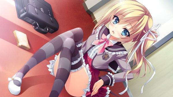 Anime picture 1280x720 with shukufuku no kane no oto wa shinonome urara anapom long hair blush open mouth blue eyes blonde hair wide image game cg side ponytail girl thighhighs uniform ribbon (ribbons) hair ribbon serafuku striped thighhighs