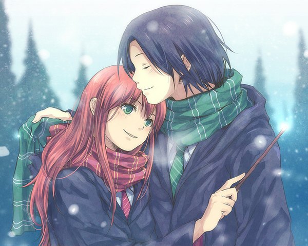 Anime picture 1024x819 with harry potter severus snape lily evans long hair blush short hair black hair green eyes red hair eyes closed light smile couple snowing winter exhalation girl boy uniform school uniform necktie