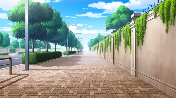 Anime picture 2560x1440 with ojousama wa gokigen naname highres wide image game cg sky cloud (clouds) no people plant (plants) tree (trees) fence road