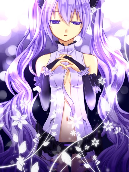 Anime picture 1200x1600 with vocaloid vocaloid append hatsune miku hatsune miku (append) yayoi (egoistic realism) tall image twintails purple eyes bare shoulders purple hair very long hair girl plant (plants) necktie