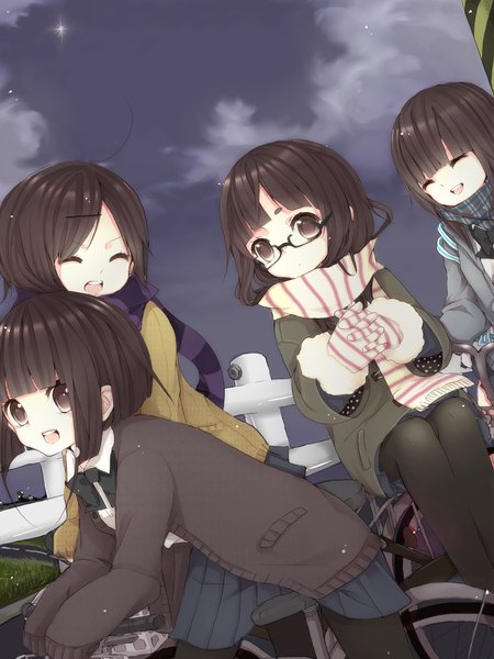 Anime picture 1650x2200 with momoshiki tsubaki tall image short hair open mouth brown hair multiple girls brown eyes ahoge eyes closed night sky group striped girl gloves uniform hair ornament school uniform pantyhose glasses scarf