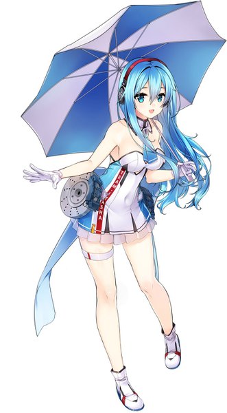 Anime picture 760x1377 with original kuro (kuronell) single long hair tall image looking at viewer fringe breasts open mouth simple background smile hair between eyes standing white background bare shoulders holding blue hair full body pleated skirt aqua eyes