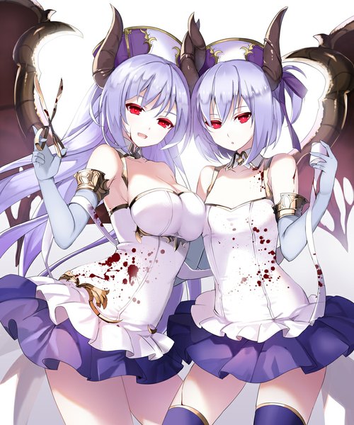 Anime picture 800x960 with original yuuki kira long hair tall image fringe short hair breasts open mouth red eyes standing bare shoulders multiple girls holding purple hair horn (horns) :o zettai ryouiki eyebrows demon girl demon wings