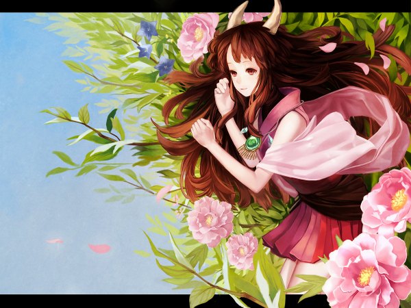 Anime picture 1200x901 with ryuujin naga naga (staygarden) siro single long hair brown hair bare shoulders brown eyes lying horn (horns) from behind skirt flower (flowers) plant (plants) petals grass staygarden