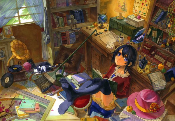 Anime picture 1500x1035 with original fuumi (radial engine) short hair black hair sitting purple eyes pleated skirt girl thighhighs flower (flowers) black thighhighs hat animal petals window pillow book (books) curtains cat table