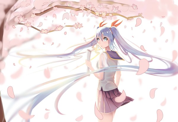 Anime picture 1600x1100 with vocaloid hatsune miku kr (sapphire) single looking at viewer blush fringe standing twintails holding pink hair parted lips pleated skirt looking back multicolored hair aqua eyes from behind aqua hair cherry blossoms gradient hair