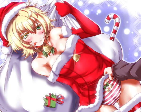 Anime picture 1280x1024 with touhou mizuhashi parsee zan (harukahime) blush short hair light erotic blonde hair green eyes fur trim christmas merry christmas girl thighhighs gloves underwear panties hat elbow gloves tongue fur