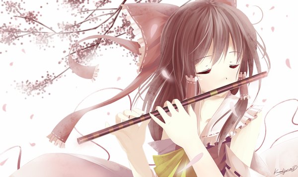 Anime picture 1800x1068 with touhou hakurei reimu caidychen single long hair highres black hair wide image signed eyes closed girl bow hair bow branch hair tubes musical instrument flute
