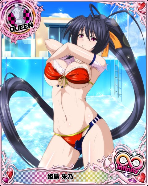 Anime picture 640x800 with highschool dxd himejima akeno single tall image looking at viewer blush breasts light erotic black hair large breasts ponytail very long hair light smile midriff torn clothes card (medium) girl navel uniform underwear