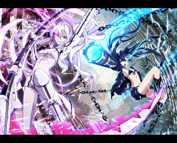 Anime picture 2103x1700 with black rock shooter black rock shooter (character) white rock shooter paparins (artist) long hair highres open mouth blue eyes black hair red eyes twintails multiple girls white hair glowing scar glowing eye (eyes) battle girl weapon 2 girls