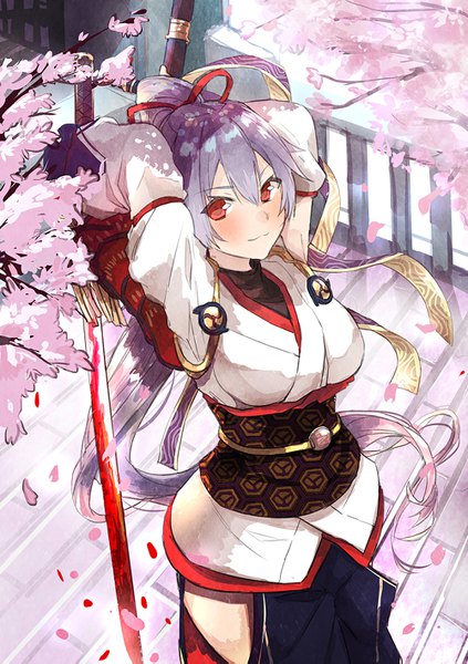 Anime picture 1000x1419 with fate (series) fate/grand order tomoe gozen (fate) to kyo single long hair tall image looking at viewer blush smile red eyes holding purple hair ponytail traditional clothes japanese clothes arms up cherry blossoms girl ribbon (ribbons)