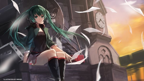 Anime picture 1209x680 with vocaloid hatsune miku swd3e2 single long hair looking at viewer wide image sitting twintails aqua eyes wind aqua hair headphones around neck girl skirt miniskirt jacket boots headphones building (buildings)