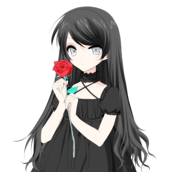 Anime picture 2164x2164 with original misteor single long hair looking at viewer highres black hair simple background white background upper body short sleeves grey eyes puffy sleeves lolita fashion girl dress flower (flowers) black dress rose (roses) red rose