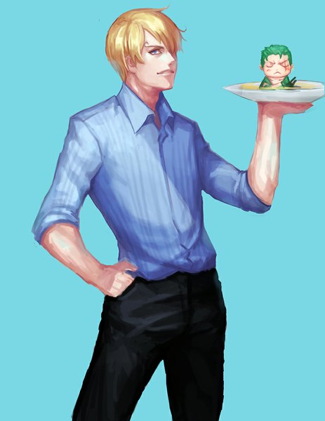 Anime picture 800x1035 with one piece toei animation roronoa zoro sanji ping (caoyanping198793) tall image looking at viewer fringe short hair blue eyes blonde hair simple background eyes closed green hair hair over one eye scar blue background crossed arms chibi hand in pocket