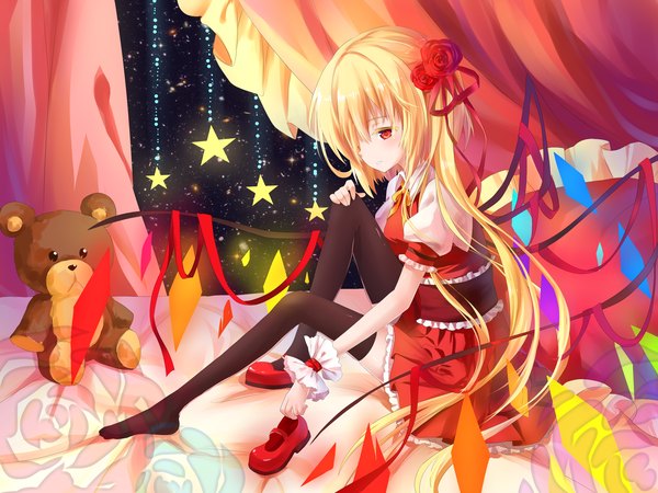 Anime picture 2560x1920 with touhou flandre scarlet transistor (poppy) single fringe highres short hair blonde hair red eyes sitting ponytail hair over one eye side ponytail girl thighhighs skirt flower (flowers) ribbon (ribbons) black thighhighs hair ribbon