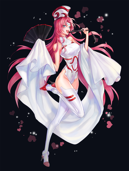 Anime picture 1800x2376 with houshin engi so dakki jyun (pixiv14105493) single tall image looking at viewer highres blue eyes light erotic simple background standing bare shoulders signed pink hair full body bent knee (knees) very long hair tattoo covered navel black background