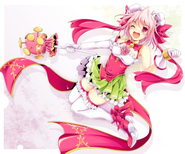 Anime picture 1200x1002 with touhou ibaraki kasen ichirino minagi single blush short hair open mouth pink hair one eye closed pink eyes wink hair bun (hair buns) girl thighhighs dress gloves bow ribbon (ribbons) white thighhighs