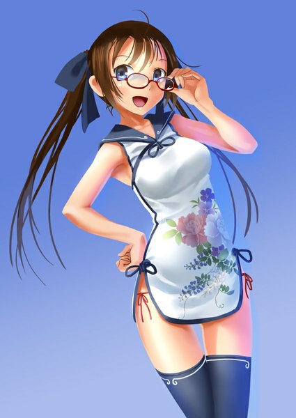 Anime picture 637x900 with original katahira masashi single long hair tall image breasts open mouth blue eyes light erotic simple background brown hair twintails looking away hand on hip chinese clothes girl thighhighs ribbon (ribbons) hair ribbon glasses