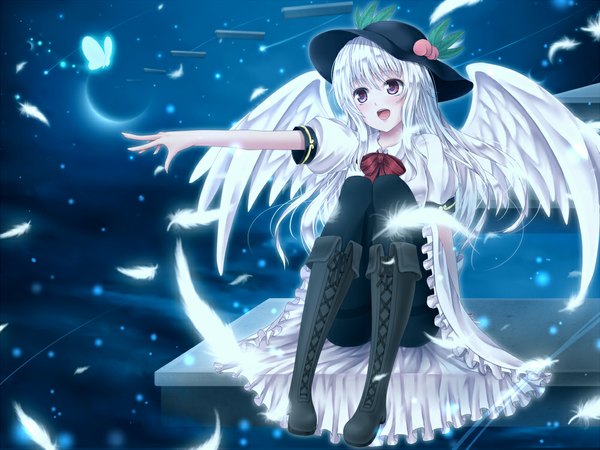 Anime picture 1000x750 with touhou hinanawi tenshi aru gunsou single long hair blush open mouth red eyes white hair girl dress hat pantyhose wings boots insect butterfly feather (feathers)