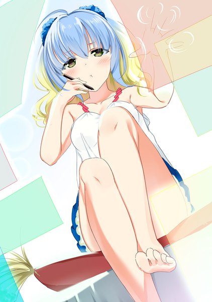 Anime picture 801x1140 with original pixiv-tan natsuya single tall image blush fringe breasts blue eyes light erotic sitting brown eyes blue hair looking away ahoge bent knee (knees) multicolored hair barefoot blurry two-tone hair