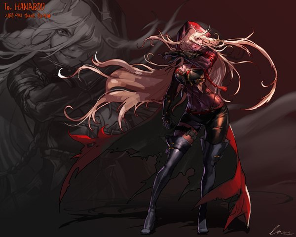 Anime picture 1920x1544 with dungeon and fighter thief (dungeon and fighter) lsr single looking at viewer fringe highres simple background blonde hair smile red eyes signed full body braid (braids) very long hair hair over one eye shadow lipstick floating hair torn clothes